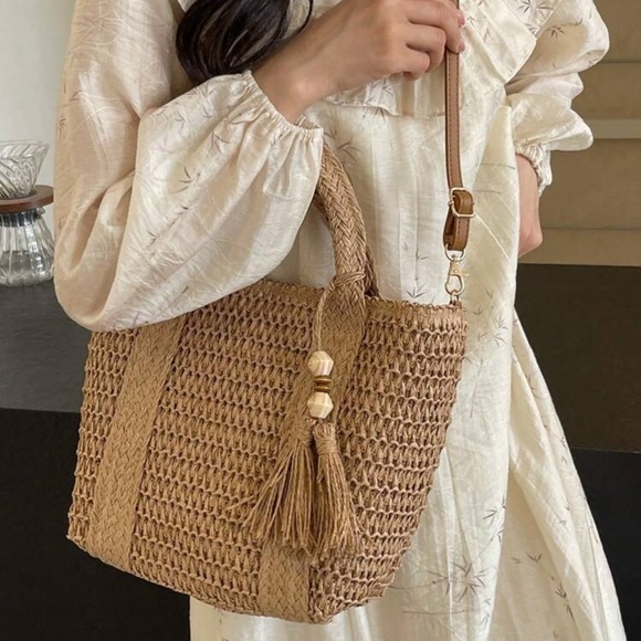 Chic Woven Tote Bag with Tassel Accent - Picture 5 of 10